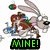Animated Easter-themed icon featuring a cartoon rabbit with colorful eggs and text overlays.