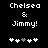 Pixelated text 'Chelsea & Jimmy!' above five heart icons on black background, with one heart changing color between frames.
