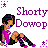 Pixelated character in purple outfit with black and pink accents, seated pose next to stylized text "Shorty Dowop" on white background.