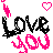A 2x2 contact sheet of four animated frames showing pixelated 'LOVE YOU' text in black and pink with heart symbols, each frame displaying different heart states and text outlines.