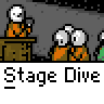 Animated contact sheet showing 18 frames of a pixel art stage dive sequence with orange and white characters on gray background, featuring repeated "Stage Dive" text labels.