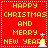 Red pixelated icon with yellow text reading 'HAPPY CHRISTMAS AND MERRY NEW YEAR!' and a white star-topped tree, displayed in four identical quadrants.