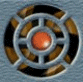 Circular icon with concentric rings and segmented outer ring on textured blue background.