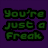 Pixelated image with green text on purple background and a lower section showing a person with messy hair, white face paint, red lips, dark jacket, and light shirt.
