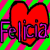 Two side-by-side pixelated heart-shaped icons with the name 'Felicía' in stylized text, one red on green/pink background and one blue on pink/green background.