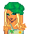 Pixel art of a character with green beret, blonde hair, blue eyes, light skin, wearing crop top and jeans with tree/sunflower motifs, standing next to 'Crazy' text.