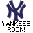 A pixelated icon featuring a blue 'NY' logo, text reading "YANKEES ROCK!" in black and white block letters, and "Instant Icons .com" in red and white block letters on a gray background.
