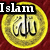 Golden circular icon with Arabic calligraphy on red background, displaying text elements "Islam" and "PEACE" in white block letters.