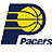 Pixelated logo featuring a large dark blue 'P' with yellow basketball graphic and horizontal stripes, below which is the word 'Pacers' in matching pixel style.