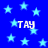 Blue background with light blue stars and repeated white text "TAY" in pixelated font.