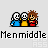 Pixel art of three figures in blue, yellow, and red clothing with brown hair, arranged in a with changing facial expressions across frames