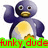 Pixelated penguin with dark blue body, yellow belly, and orange feet stands against white background; text below changes color across frames.