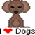 Pixelated brown dog with large ears sits facing forward, below red heart symbol and partial text "I ❤️ Dogs".