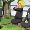 Animated sequence of a blonde character in black robes performing kneeling and bowing motions on grass near trees and buildings.