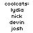 Four identical display pixelated text listing names under 'coolcats:' on white and cyan backgrounds