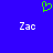 Blue background with green pixelated heart symbol above two white 'Zac' text elements in pixel font.