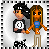 A 2x2 contact sheet of a pixel art animation featuring two cartoon characters and text changes across four frames.