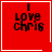 Red square icon with black text "I love chris" and white border; two variations show small white heart and star symbols in bottom-right corner.
