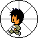Pixelated character with black spiky hair and orange face in circular frame, holding white object, facing left in first view, turning right in second view.