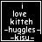 Four identical black square with white pixelated text reading 'i love kitteh -huggles- -kisu-' and one showing a heart symbol
