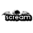 Black and white pixelated icon with 'scream' text in a rectangular box, featuring three cloud-like shapes above the text that shift position across frames.