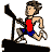 Pixelated animation of a man running on a treadmill, showing sequential motion frames with consistent attire and background.