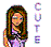 Pixelated image of a person with long brown hair wearing a purple top and dark pants, standing next to vertical text reading "CUTE" in stylized letters.