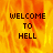 A pixelated image with fiery orange and yellow background displaying 'WELCOME TO HELL' text in black block letters, partially overlaid by a gray rectangle.