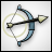 Pixelated icon of a blue bow and arrow with yellow-tipped arrows, set against a white background.