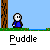 Pixelated character in blue clothing moves right across grassy ground with brown tree trunks, then falls backward into purple and white particle effects.