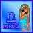 Pixel art of a blonde woman in blue dress with Libra symbol on blue and pink backgrounds.