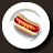 Pixelated hot dog on a white plate with gray shadow, set against dark background.