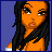 Pixel art contact sheet showing a 3x2 grid of animated frames featuring an orange-skinned cartoon woman with long black hair in various poses and text overlays on blue backgrounds.