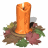 Animated candle with flickering flame on a base of brown soil and green-red foliage.