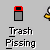 Animated sequence showing a yellow figure interacting with gray trash bins, each labeled 'Trash Pissing' in white text below.