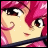 Pixelated anime-style character with pink hair and brown eyes, next to stylized text on a black background.