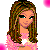 Pixelated cartoon-style buddy icon featuring a female character with long brown hair, pink outfit, and visible belly button in multiple frames showing different body parts against white background with pink dots.