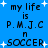 Blue background with white stars and black text reading 'my life is P.M.J.C n SOCCER' in pixelated font, animated star positions.