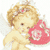Pixelated angelic figure with curly blonde hair, small wings, and a pink heart-shaped object held near its chest.