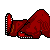 Pixelated character in white shirt and red pants lies on back with arms extended, head turned right; black background displays repeating text "dreaming of her".