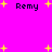 Pixelated text "Remy" appears multiple times on a bright pink background with scattered yellow stars, no visible animation changes.