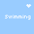 Light blue background with four white pixelated 'Swimming' text labels arranged in a , each paired with distinct static icons above or below