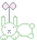 A 2x2 contact sheet of four animated frames showing a white bunny with green outlines lying on its belly, each frame displaying different positions of pink flower-like objects above the bunny's head.
