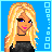 Pixel art of blue with white text and a blonde character, showing partial body parts including torso and legs