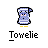 A 4x3 contact sheet of a pixel art animated icon featuring the character Towelie with various speech bubbles and repeated text labels beneath each frame.