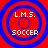 Four identical circular icons with red backgrounds and blue concentric rings, each displaying 'L.M.S.' above a central circle and 'SOCCER' below.
