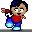 Pixelated character in red shirt and blue pants with blue shoes, shown in four sequential poses with varying arm positions and head angles.