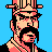 Pixel art portrait of a character with dark hair and mustache wearing pink headgear against blue background
