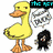 Animated yellow duck with orange beak and feet stands on white background, next to small black figure and speech bubble.