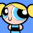 Pixelated cartoon character with large blue eyes, yellow pigtails, and a black-and-blue outfit against a solid light blue background.